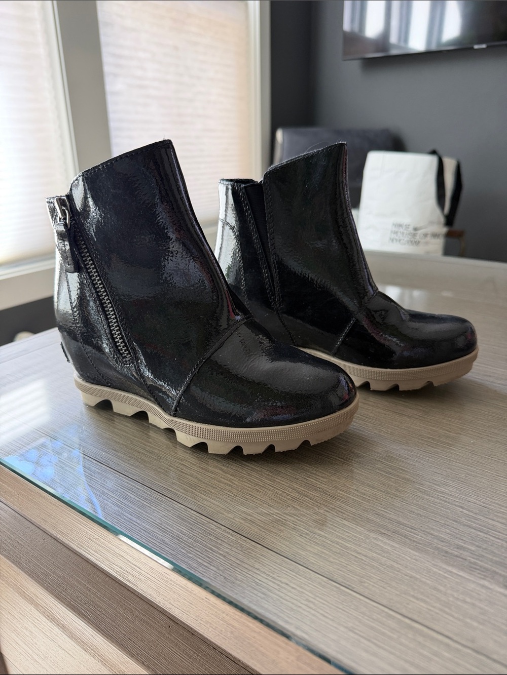 Sorel Black Patent Ankle Boots with Tan Lug Sole